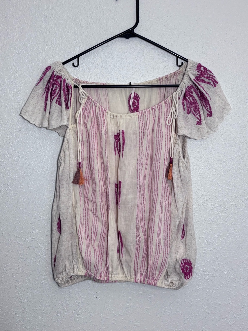 Free People Cream Off-Shoulder Blouse with Pink Embroidery